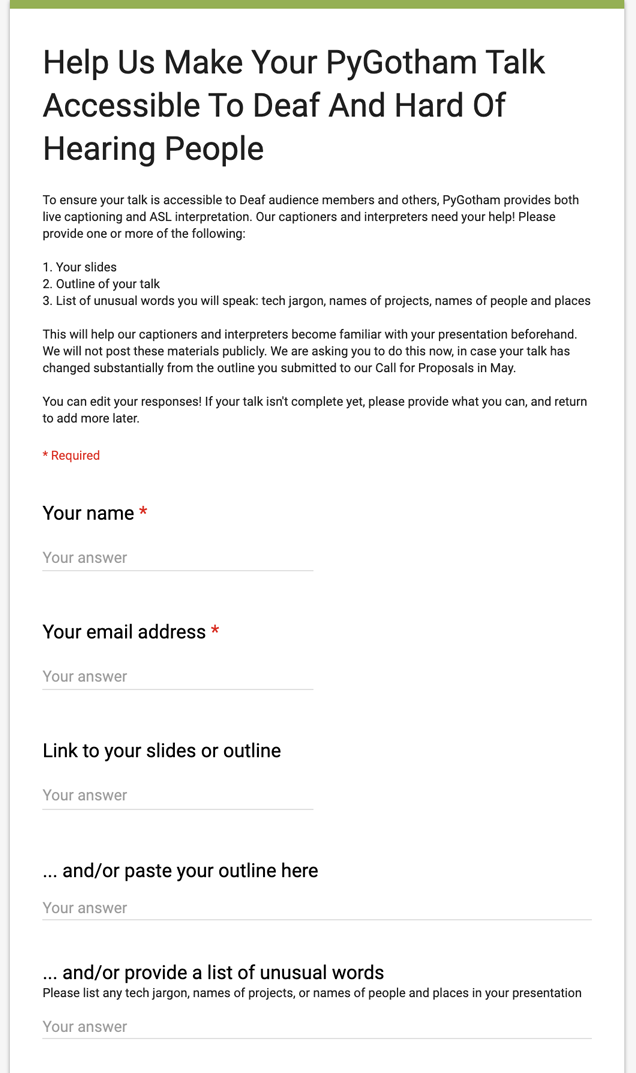 Google Form asking speakers to upload outlines or slides